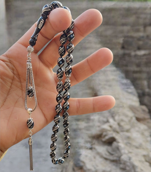 925 Ayar Gümüş Püsküllü Özel Tasarım Firuze Ve Karpuz Işlemeli Erzurum Oltu Taşı Tesbih