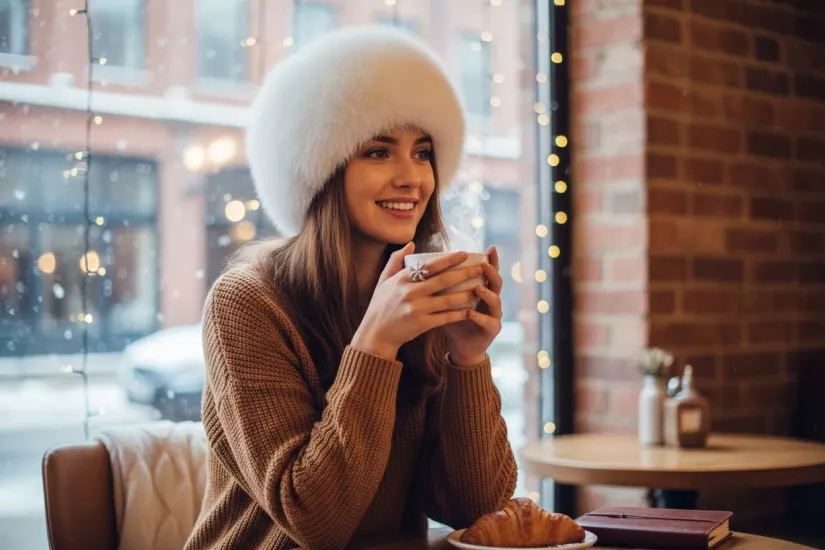 Hakiki Deri Gerçek Tilki Kürklü Kadın Kalapak Ushanla Şapka Bere Beyaz