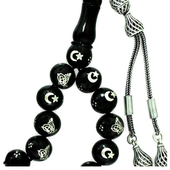 Gümüş Tuğra ve Ay Yıldız İşlemeli Hakiki Erzurum Oltu Taşı Tesbih