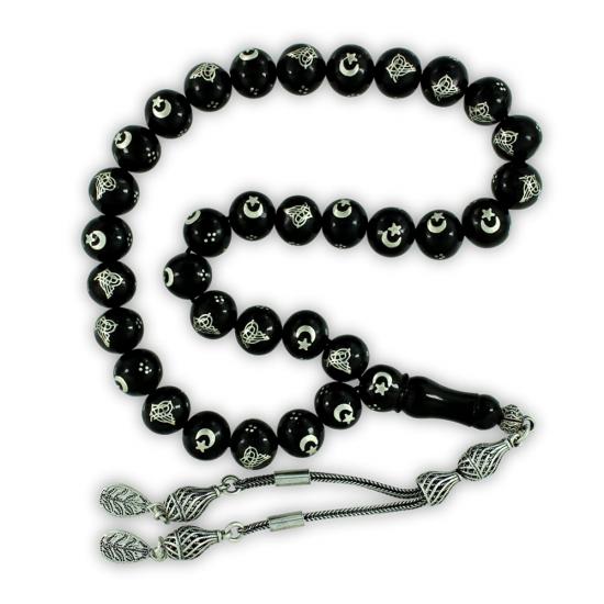 Gümüş Tuğra ve Ay Yıldız İşlemeli Hakiki Erzurum Oltu Taşı Tesbih