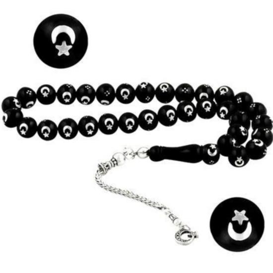 Gümüş Ay Yıldız Işlemeli Hakiki Erzurum Oltu Taşı Tesbih