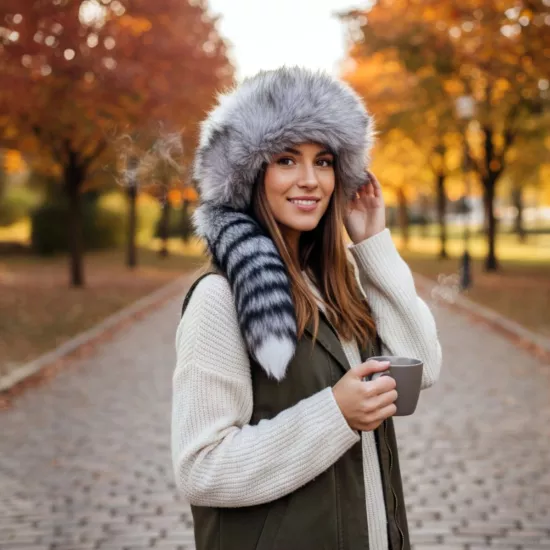 Gerçek Deri Kuyruklu Deri Börk Erkek Kadın Şapka Bere Gri