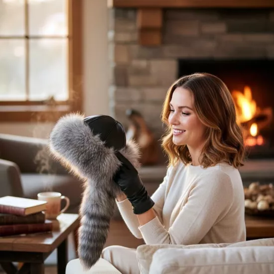 Gerçek Deri Kuyruklu Deri Börk Erkek Kadın Şapka Bere Gri