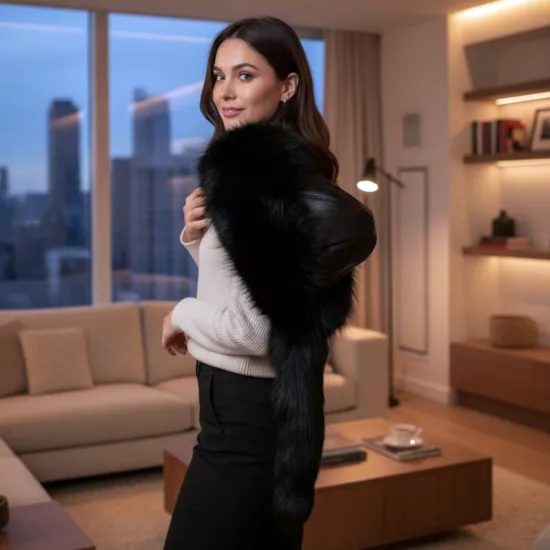 Gerçek Deri Kuyruklu Deri Börk Erkek Kadın Şapka Bere siyah