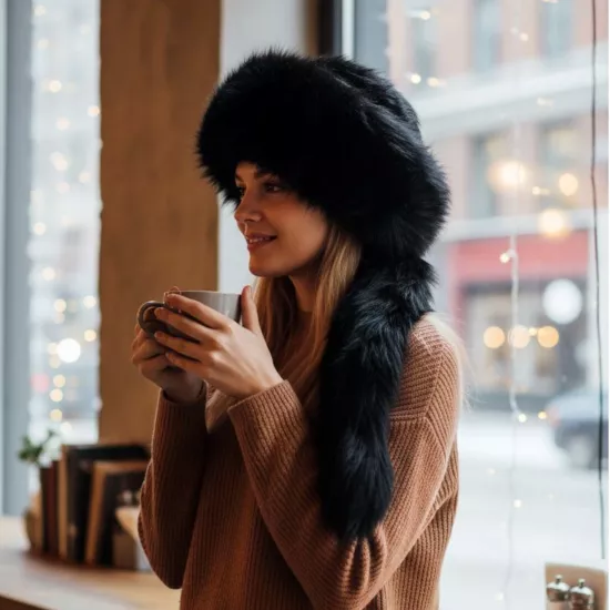 Gerçek Deri Kuyruklu Deri Börk Erkek Kadın Şapka Bere siyah