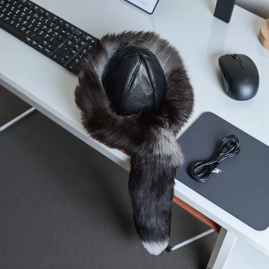 Gerçek Deri Kuyruklu Deri Börk Erkek Kadın Şapka Bere siyah