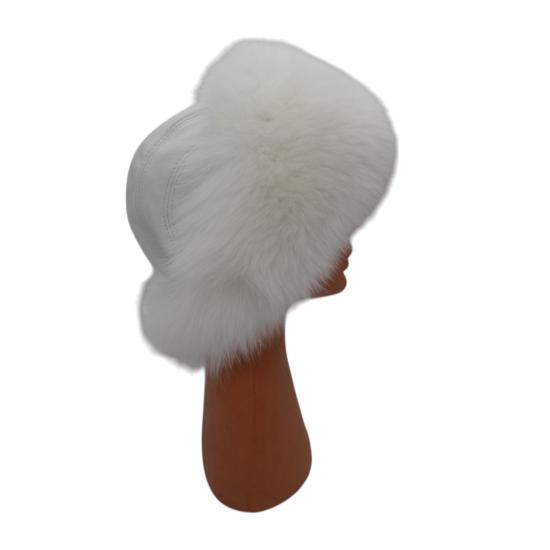 Hakiki Deri Gerçek Tilki Kürklü Kadın Kalapak Ushanla Şapka Bere Beyaz