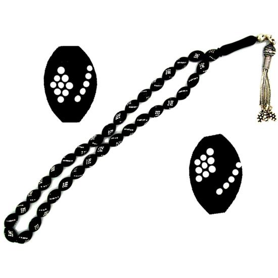 Gümüş Kakma İşlemeli Kumpaslı Hakiki Erzurum Oltutaşı Tesbih Burgu Baklava İşlemeli 6 x 9 mm