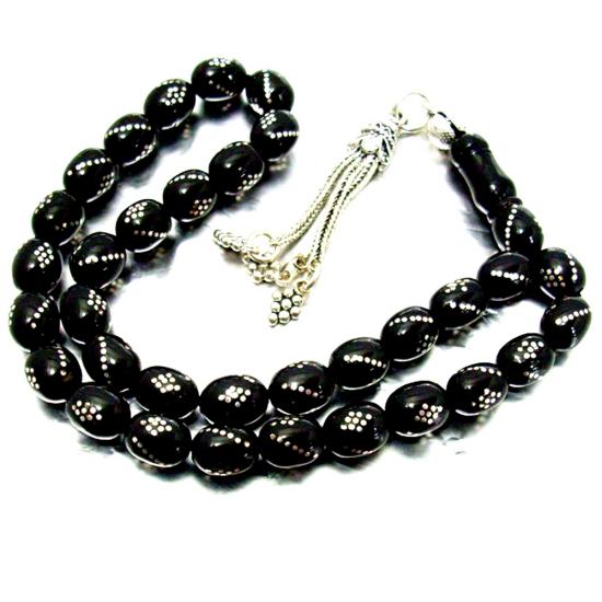 Gümüş Kakma İşlemeli Hakiki Erzurum Oltutaşı Tesbih Burgu Baklava İşlemeli