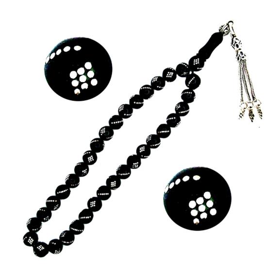 Gümüş Kakma İşlemeli Hakiki Erzurum Oltutaşı Tesbih Burgu Baklava İşlemeli