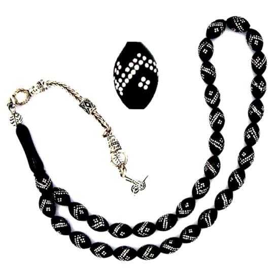 Gümüş Kakma İşlemeli Kumpaslı Hakiki Erzurum Oltutaşı Tespih Çift Sıra İşlemeli 6 x 9 mm