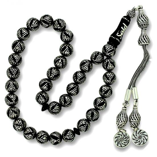 Yoğun Gümüş Kakma İşlemeli Hakiki Erzurum Oltutaşı Tesbih İmameye İsim Yazılabilir