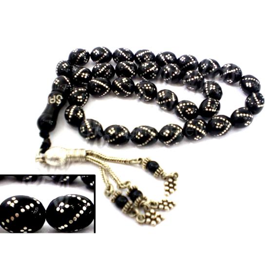 Tek Sıra Gümüş Kakma İşlemeli Hakiki Erzurum Oltutaşlı Tesbih