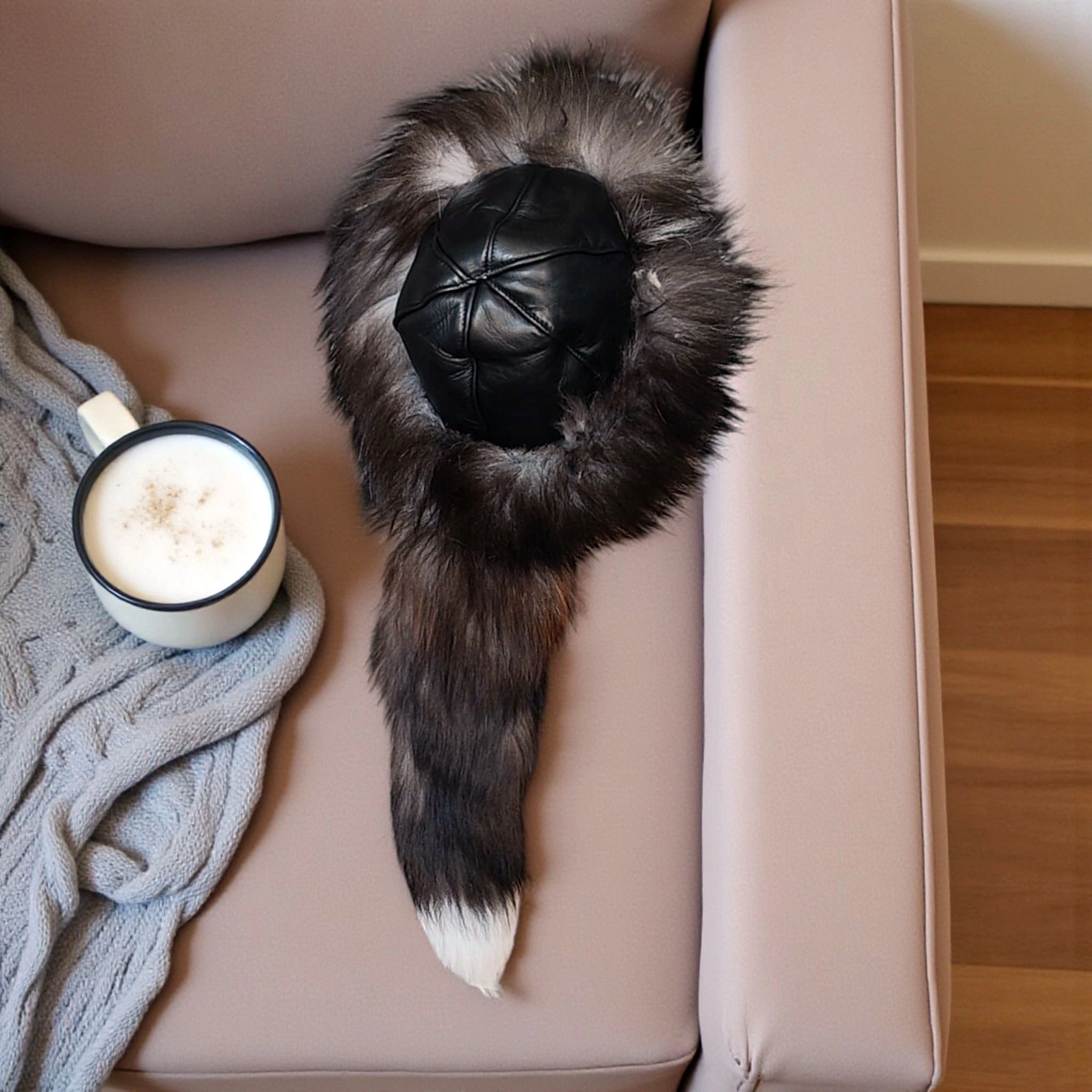 Gerçek Deri Kuyruklu Deri Börk Erkek Kadın Şapka Bere Koyukahve