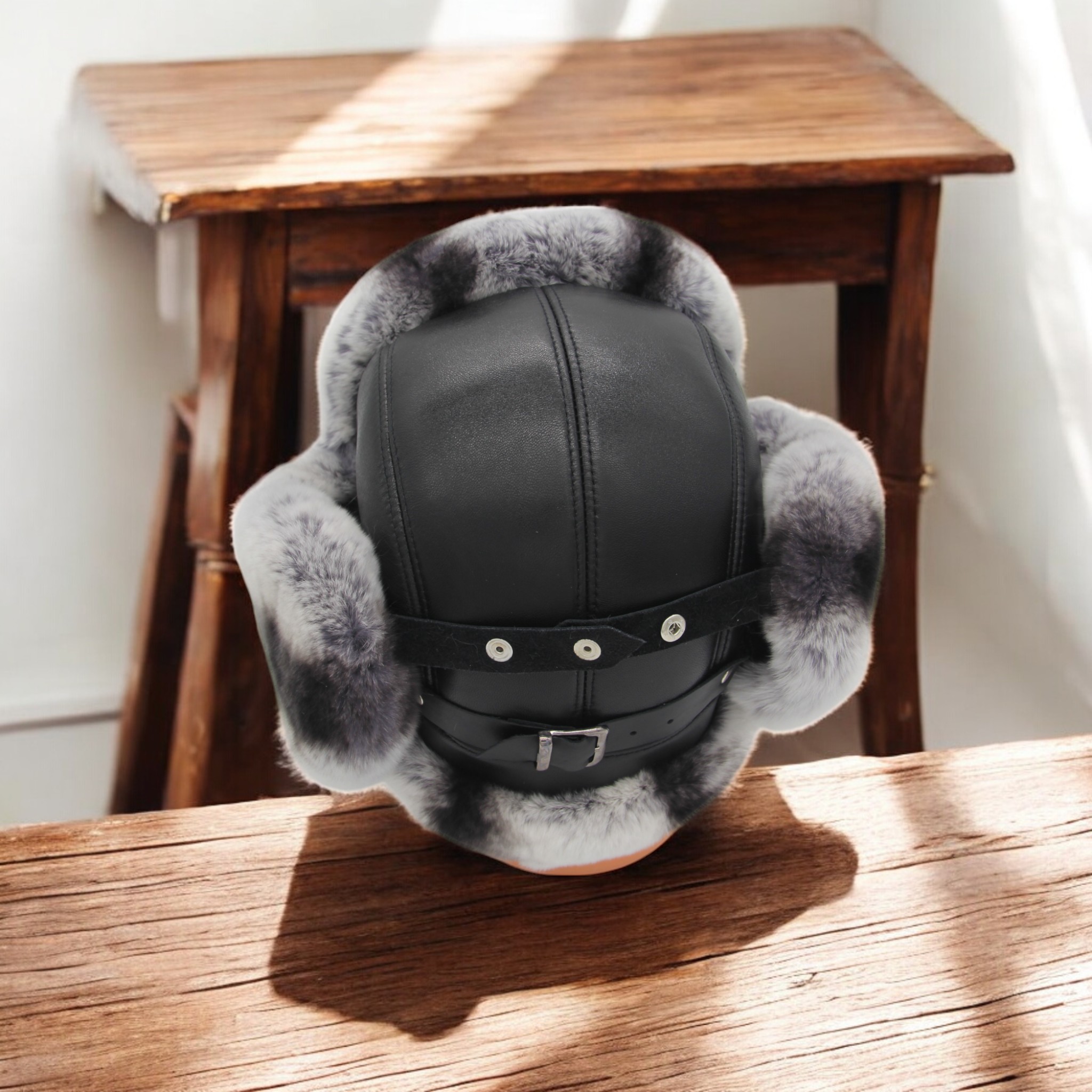 Gerçek Deri Tavşan Kürklü Ushanka Pilot Şapka Ayarlanabilir Tokalı Kışlık Outdoor Şapka Rex Model