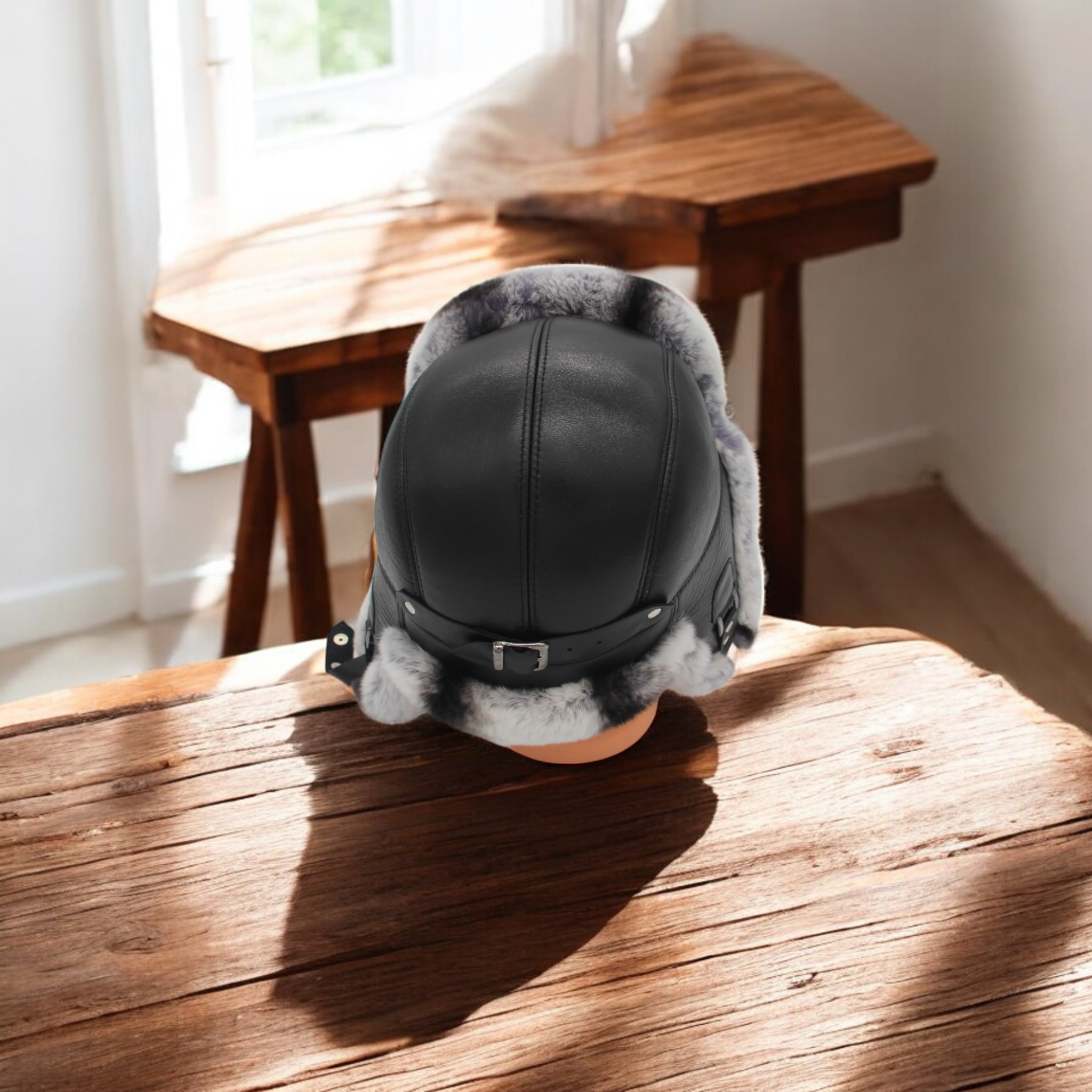 Gerçek Deri Tavşan Kürklü Ushanka Pilot Şapka Ayarlanabilir Tokalı Kışlık Outdoor Şapka Rex Model