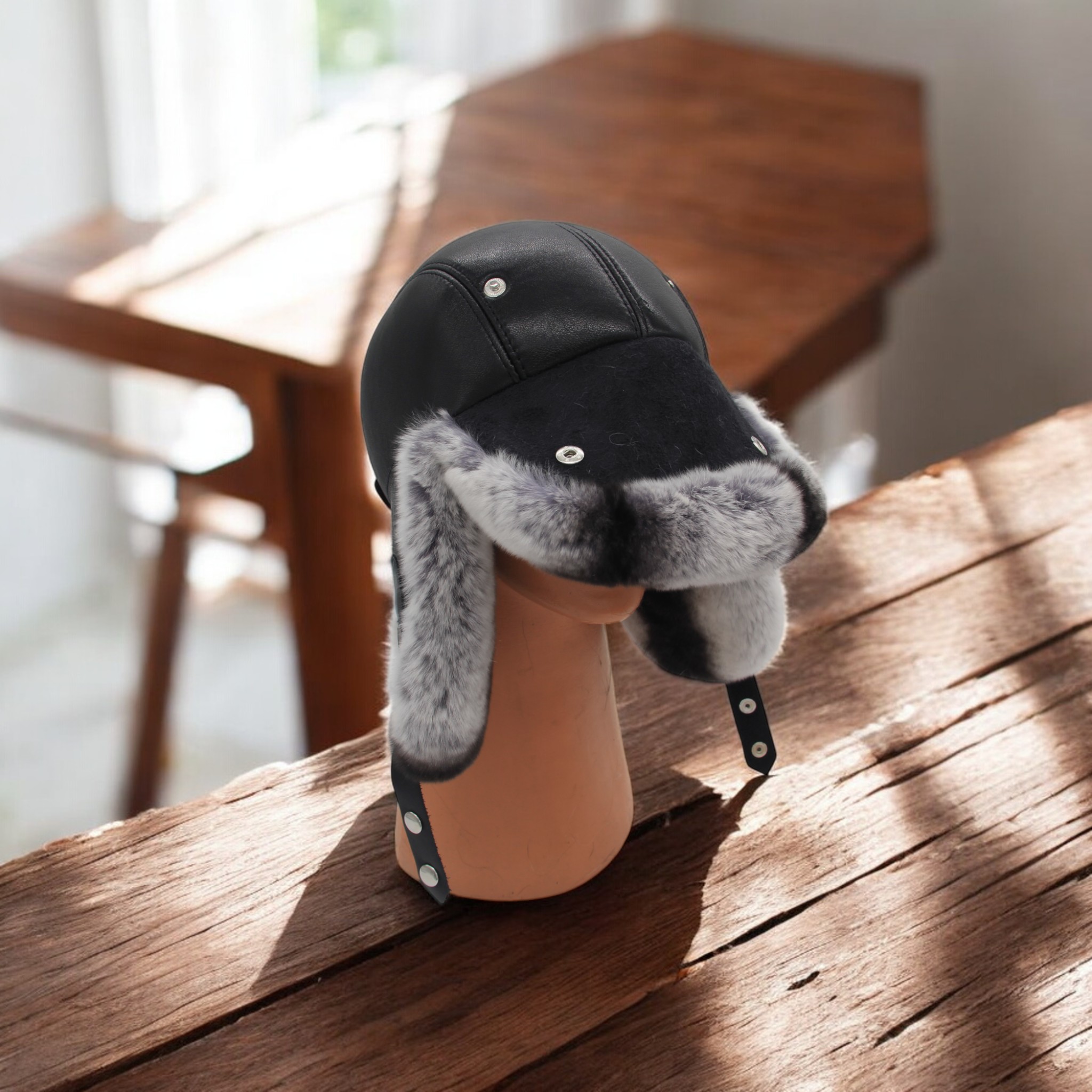 Gerçek Deri Tavşan Kürklü Ushanka Pilot Şapka Ayarlanabilir Tokalı Kışlık Outdoor Şapka Rex Model