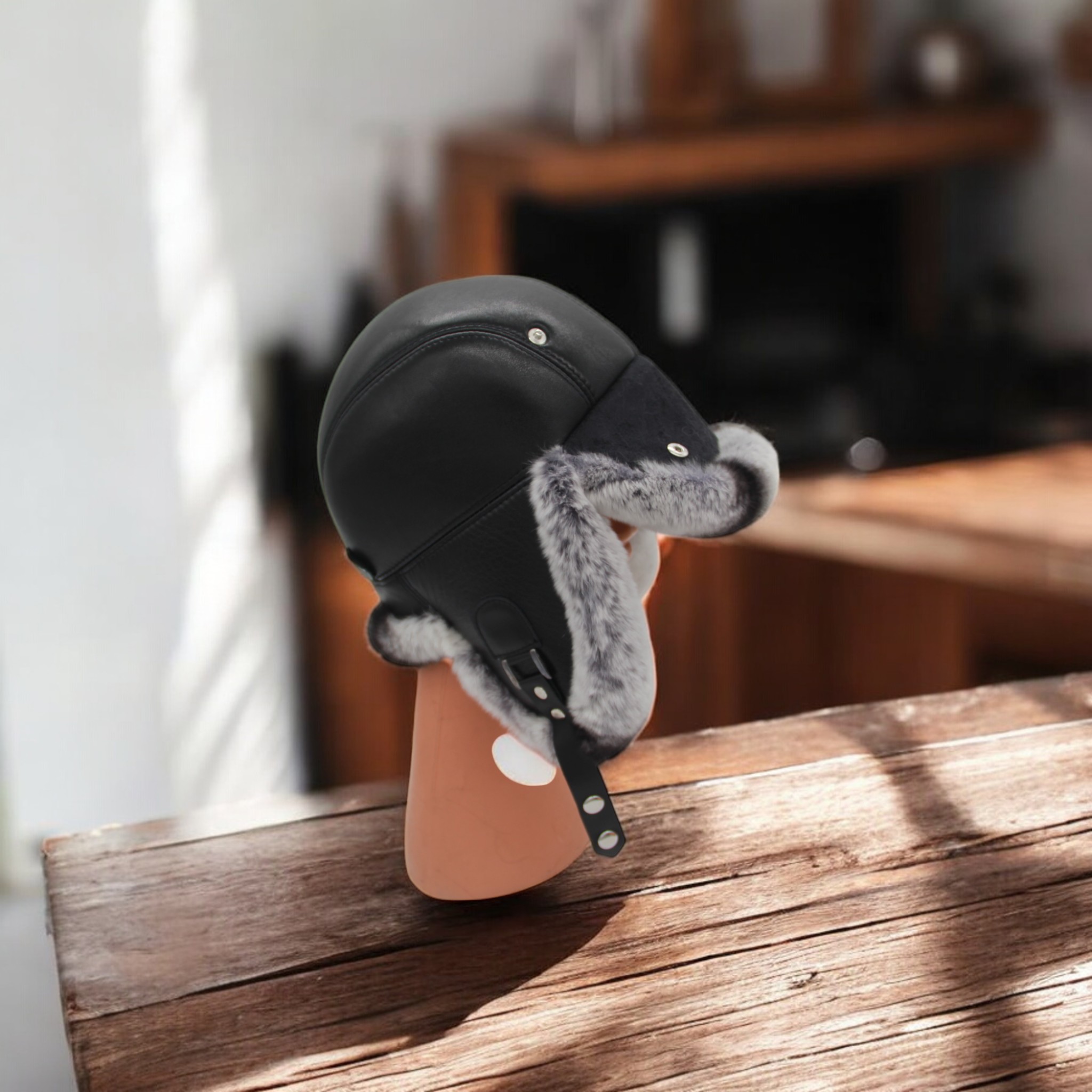 Gerçek Deri Tavşan Kürklü Ushanka Pilot Şapka Ayarlanabilir Tokalı Kışlık Outdoor Şapka Rex Model